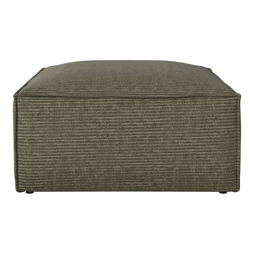 Gray striped textured ottoman with a contemporary design, perfect for versatile home decor.