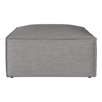 Gray ottoman with a textured weave, featuring a clean, modern design suitable for various decor styles.
