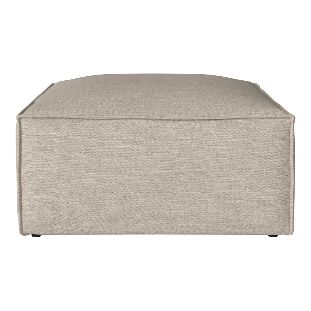 Beige rectangular ottoman with a textured fabric pattern and clean, modern lines. Ideal for minimalist decor.