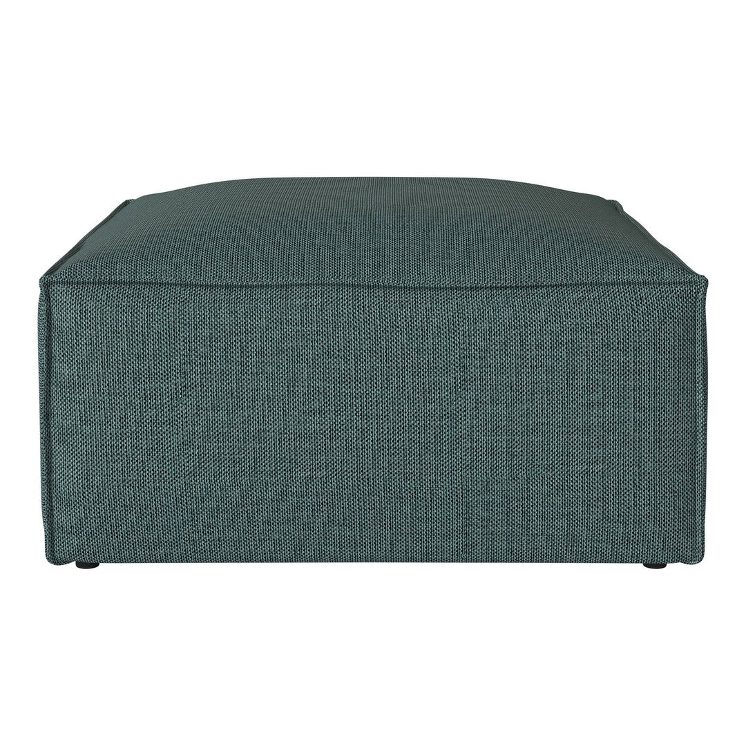 Textured teal ottoman with a solid color design, perfect for modern living spaces.
