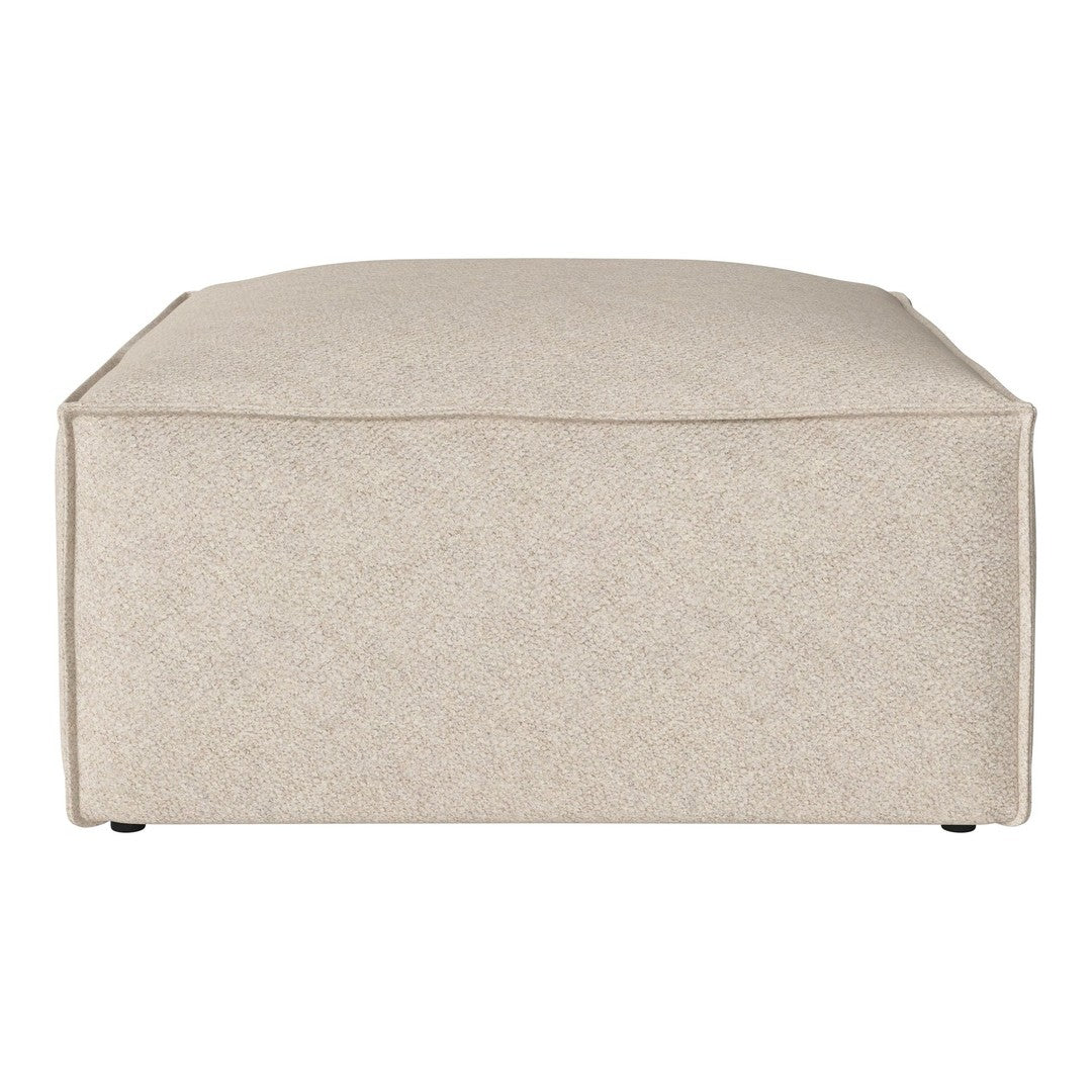 Beige upholstered ottoman with a subtle textured pattern, perfect for minimalist decor.