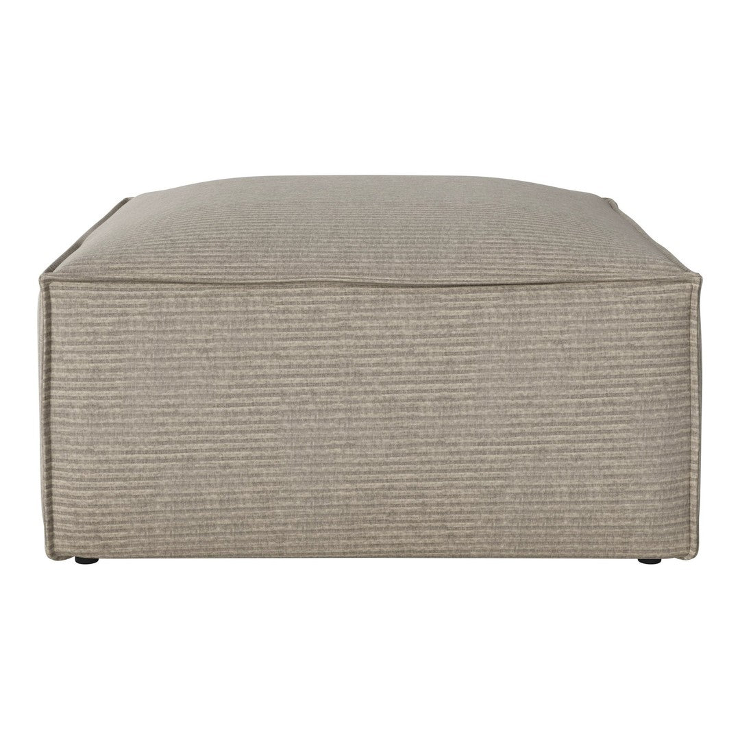 Light beige ottoman with subtle horizontal stripes, perfect for adding texture to any decor.