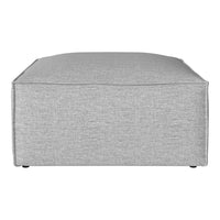 Gray upholstered ottoman with a seamless, textured fabric design. Ideal for modern living spaces.