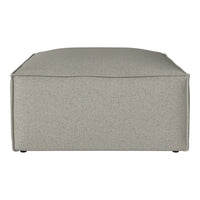 Beige upholstered ottoman with a subtle textured pattern, offering a modern, minimalist look.
