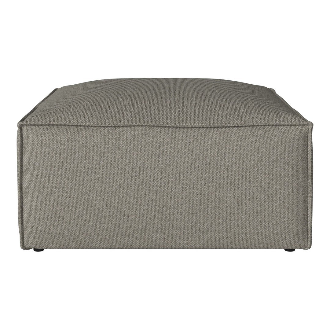 Gray upholstered ottoman with a minimalist design and subtle texture, perfect for modern decor.