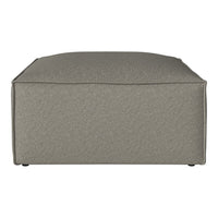 Gray upholstered ottoman with a minimalist design and subtle texture, perfect for modern decor.