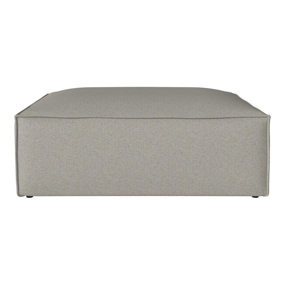 Light gray upholstered ottoman with a smooth texture and minimalistic design. Perfect for modern decor.
