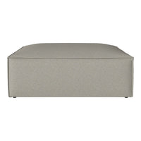 Light gray upholstered ottoman with a smooth texture and minimalistic design. Perfect for modern decor.