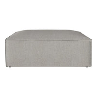 Gray upholstered ottoman with a sleek, minimalist design and subtle textured pattern. Perfect for modern decor.