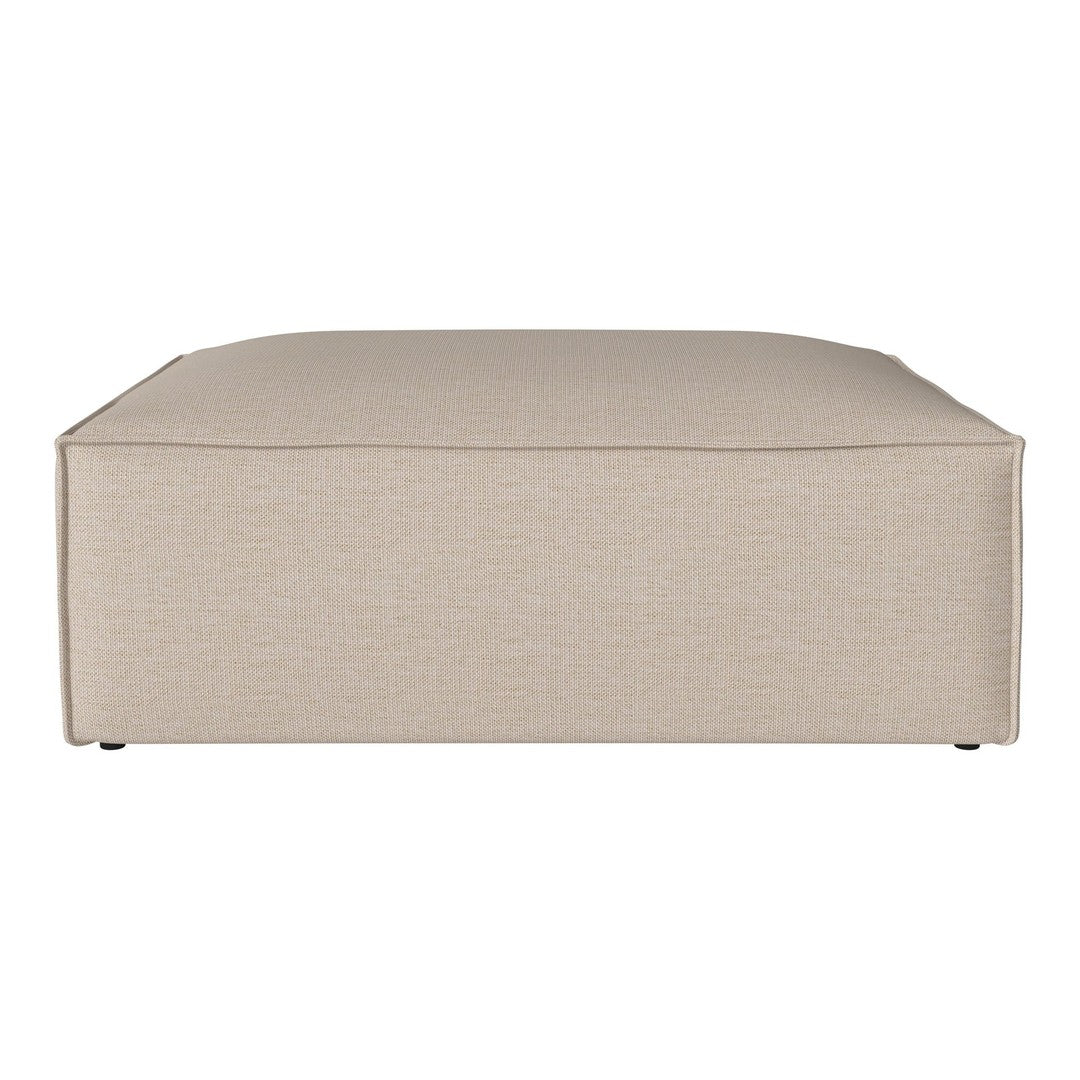 Beige square ottoman with a subtle textured pattern, perfect for modern and minimalist decor.