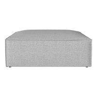 Gray upholstered ottoman with a textured fabric pattern, featuring a modern square design.