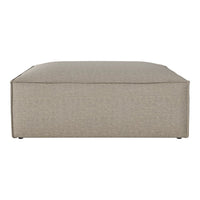 Beige ottoman with a subtle striped pattern, featuring a sleek, modern design for versatile home decor.