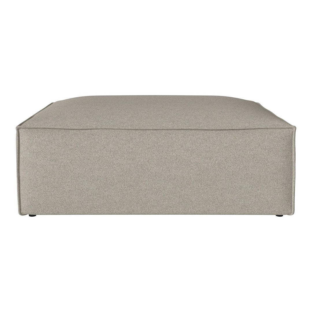 Light gray upholstered ottoman with a smooth, minimalist design and subtle textured pattern. Perfect for any decor.