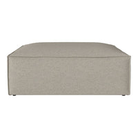 Light gray upholstered ottoman with a smooth, minimalist design and subtle textured pattern. Perfect for any decor.