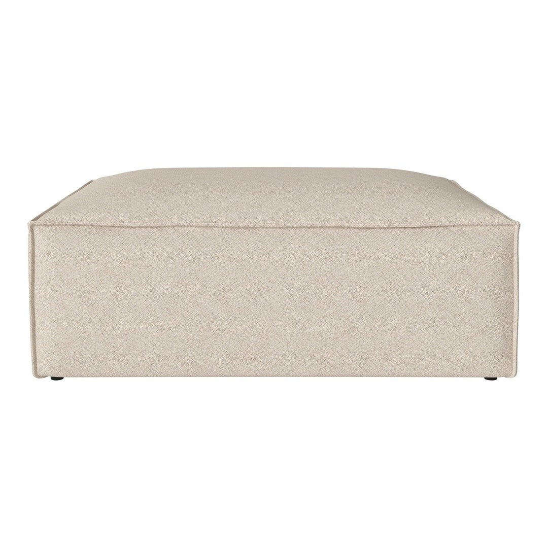 Beige ottoman with a smooth, solid fabric surface, perfect for contemporary home decor.