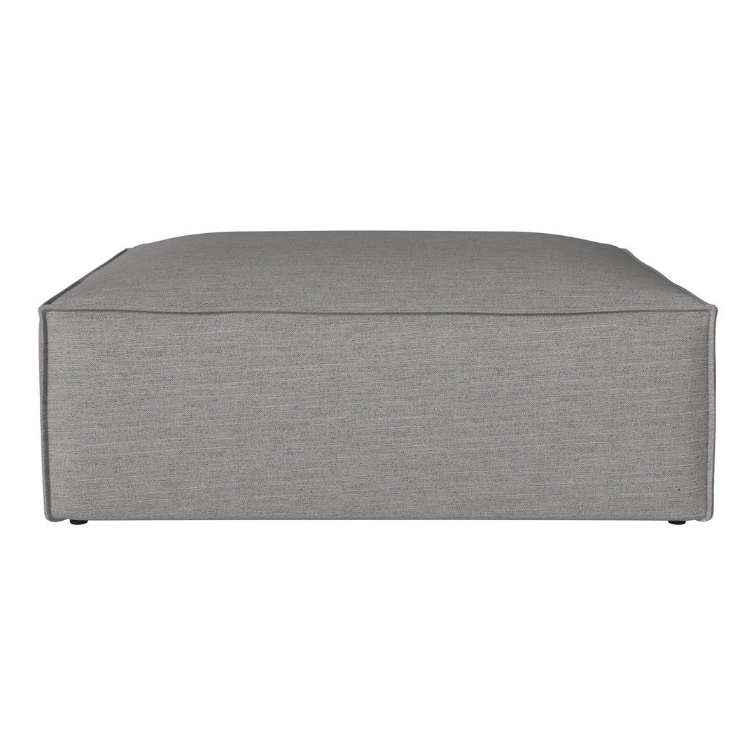 Gray rectangular ottoman with a smooth, minimalist design in a textured fabric. Ideal for modern decor.
