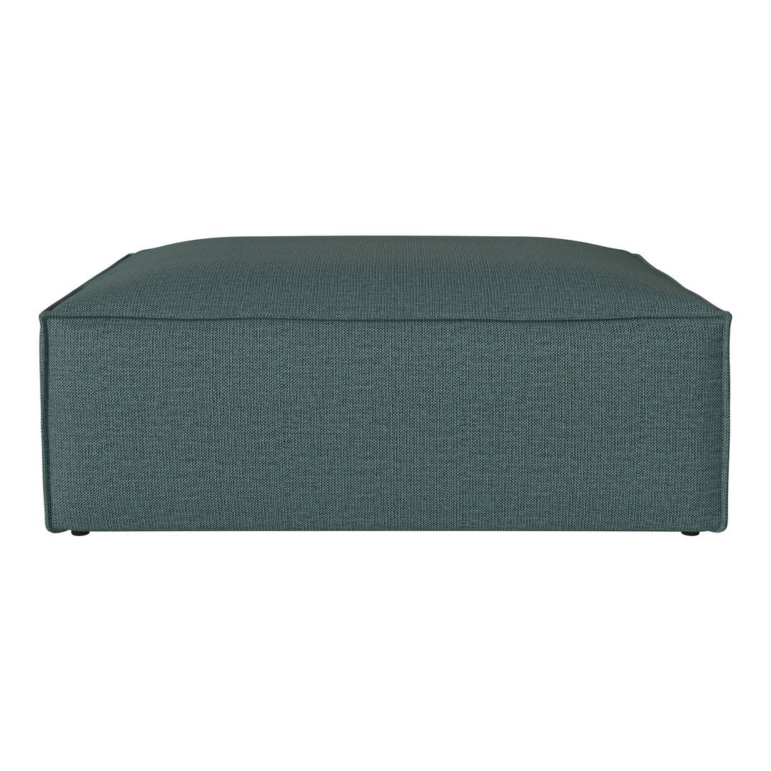 Teal square ottoman with a textured pattern, perfect for modern home decor.