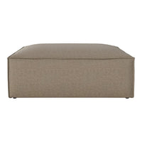 "Square beige ottoman with a subtle textured pattern, ideal for modern living spaces."