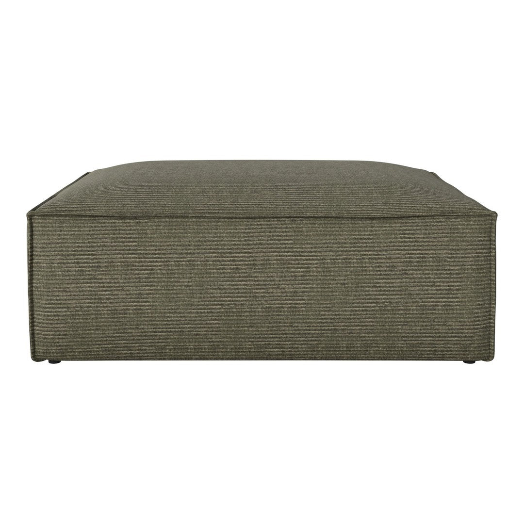 Green striped ottoman with a modern design, featuring a textured fabric for a stylish touch. Perfect for any decor.