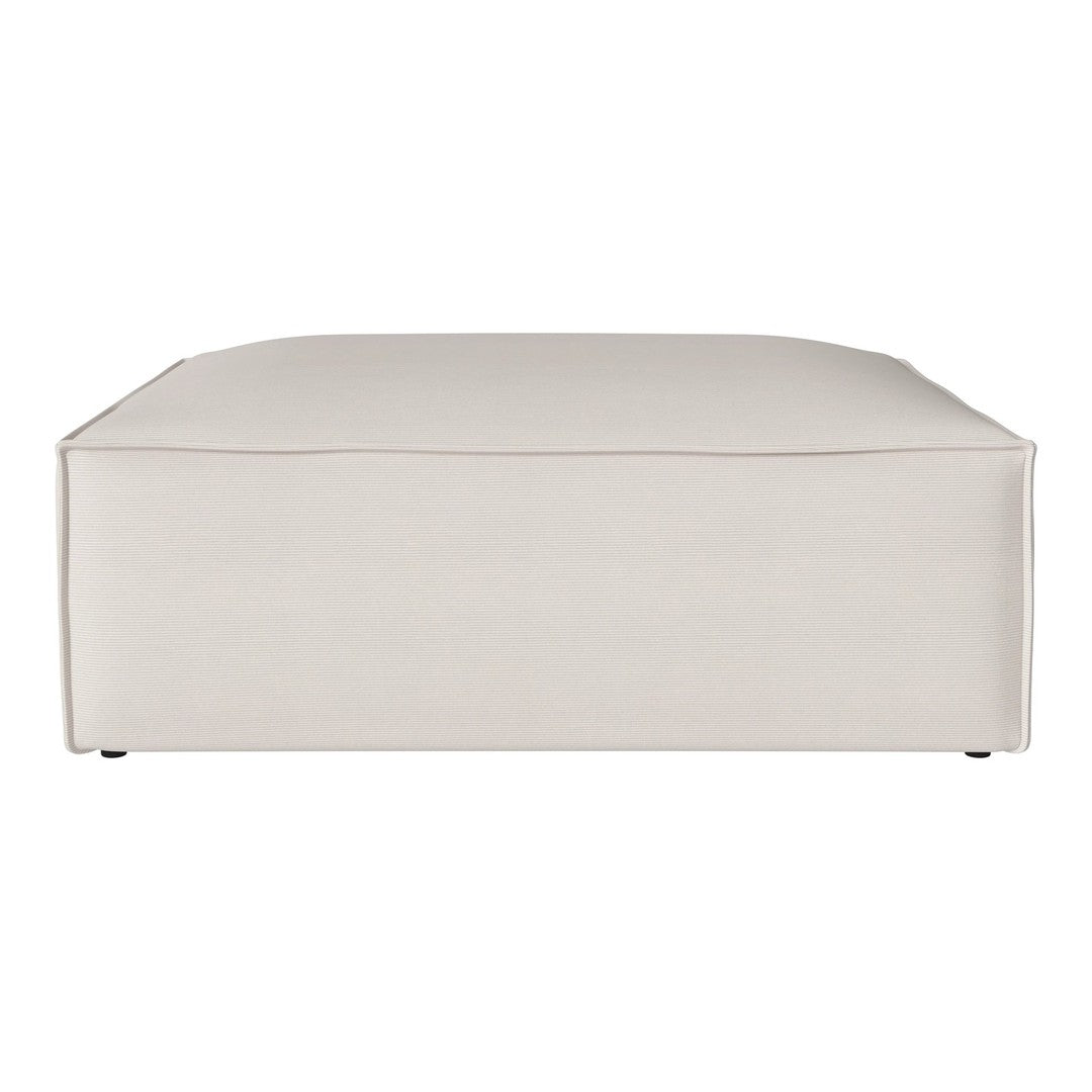 Light beige square ottoman with a smooth, textured fabric finish, perfect for minimalist decor.