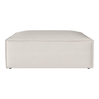 Light beige square ottoman with a smooth, textured fabric finish, perfect for minimalist decor.
