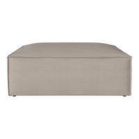 Beige square ottoman with subtle horizontal ribbed pattern, perfect for modern decor.