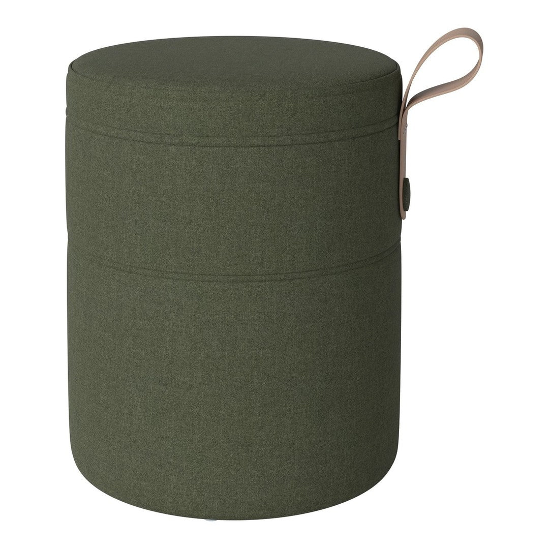Green fabric storage ottoman with a smooth, textured finish and a tan leather handle.