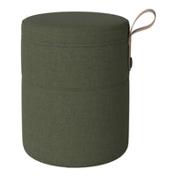 Green fabric storage ottoman with a smooth, textured finish and a tan leather handle.