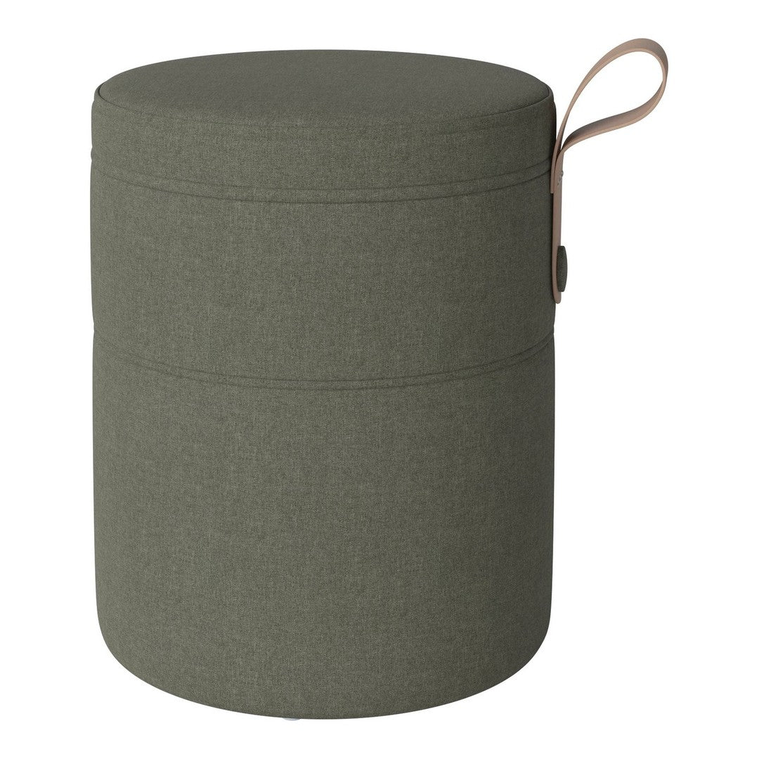Olive green fabric storage stool with a sleek, minimalist design and a practical handle for easy carrying.