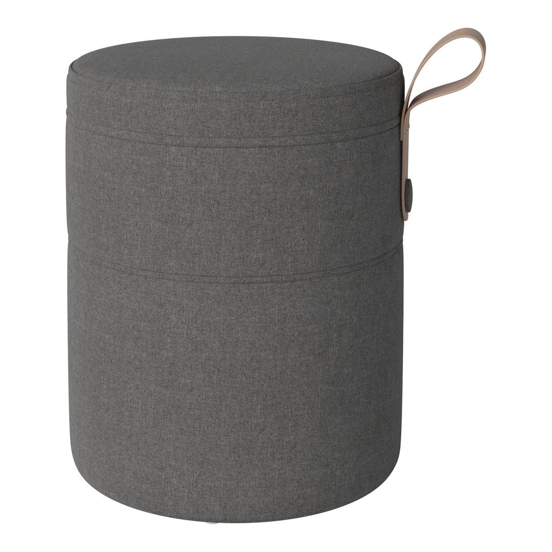Gray fabric storage ottoman with a textured pattern and a brown handle. Stylish and functional home accessory.