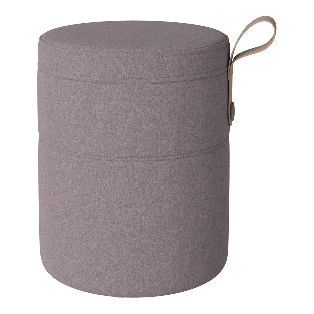 Grey fabric storage ottoman with a smooth, cylindrical design and subtle texture, featuring a convenient handle.