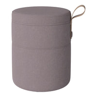 Grey fabric storage ottoman with a smooth, cylindrical design and subtle texture, featuring a convenient handle.