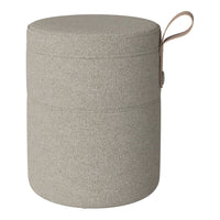 Gray textured storage ottoman with a beige handle for easy carrying.