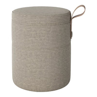 Gray striped fabric ottoman with a beige handle, featuring a modern cylindrical design. Ideal for stylish home decor.
