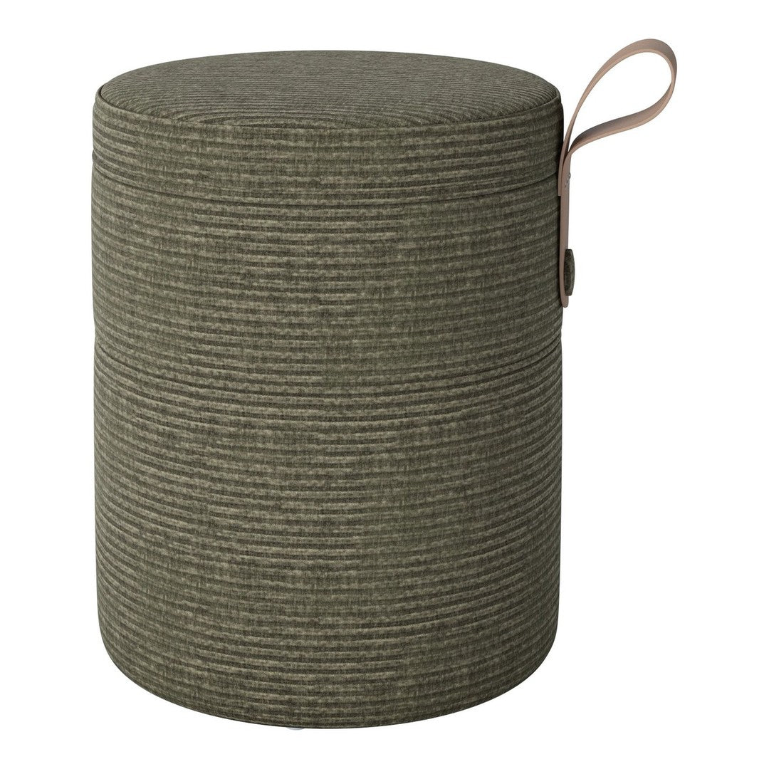 Green striped fabric pouf with a textured finish and a convenient carrying strap. Perfect for stylish seating or decor.