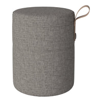 Gray fabric storage ottoman with a textured pattern and leather handle for easy transport.