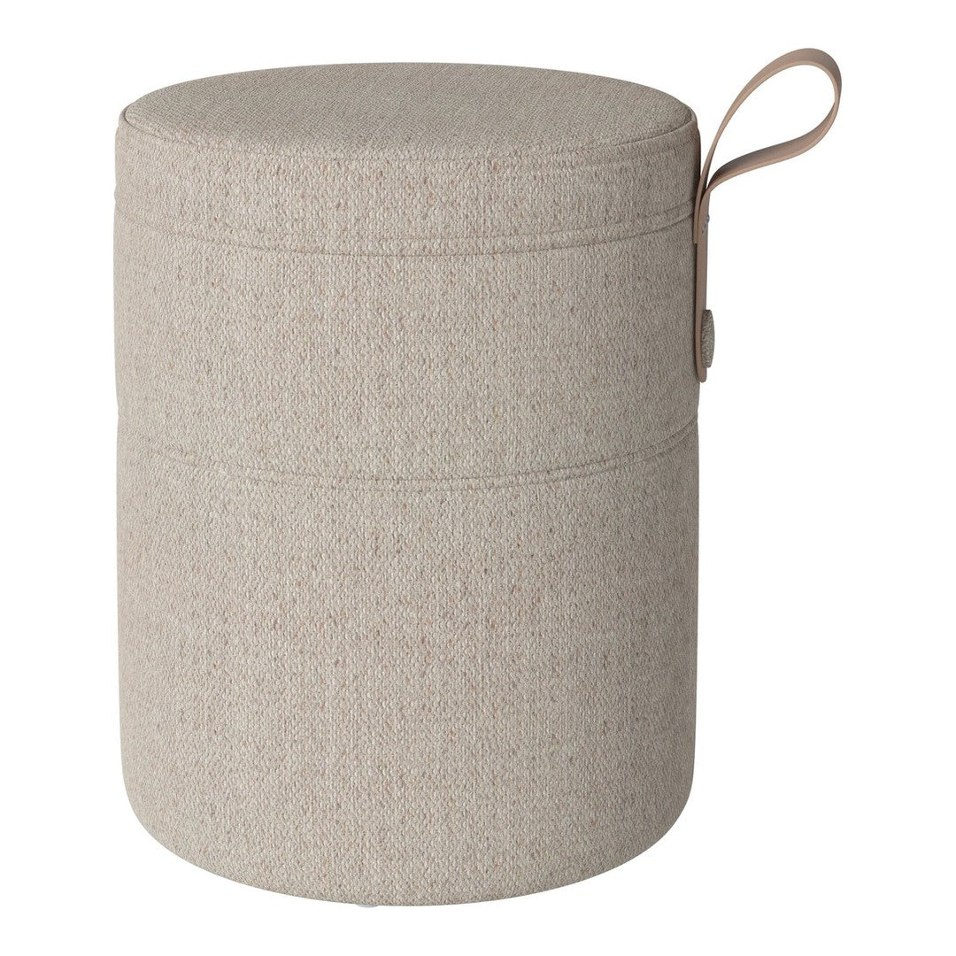 Beige textured storage ottoman with a smooth lid and a convenient handle.