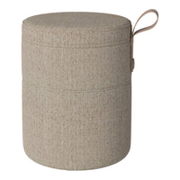 Beige cylindrical storage ottoman with a textured pattern and a stylish leather handle. Perfect for modern decor.