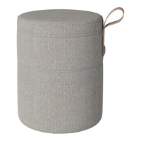 Gray textured storage ottoman with a minimalist design and a tan leather handle.