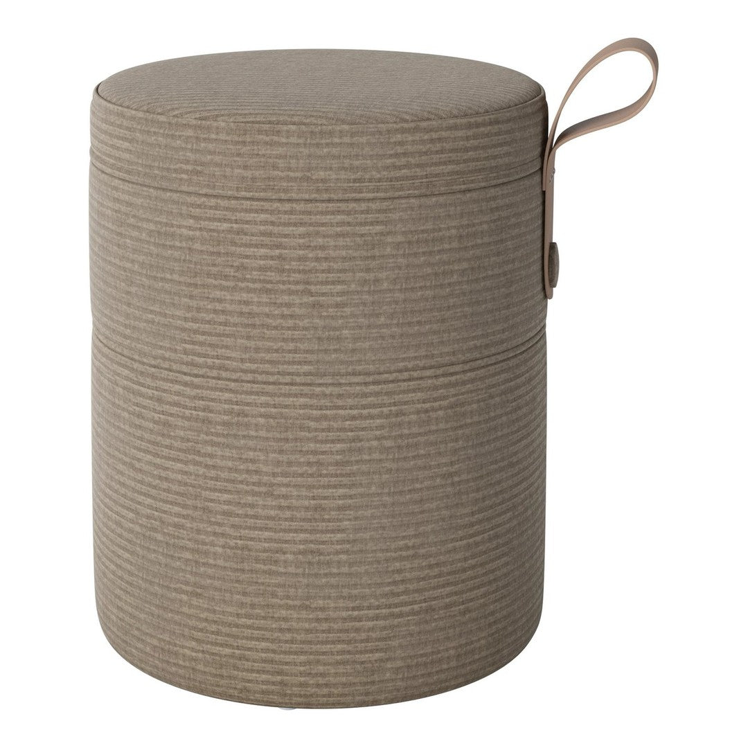 Textured beige cylindrical storage ottoman with a subtle ribbed pattern and a convenient side handle.