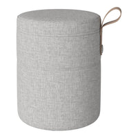 Gray fabric storage ottoman with a simple textured pattern and a tan handle. Ideal for modern interiors.