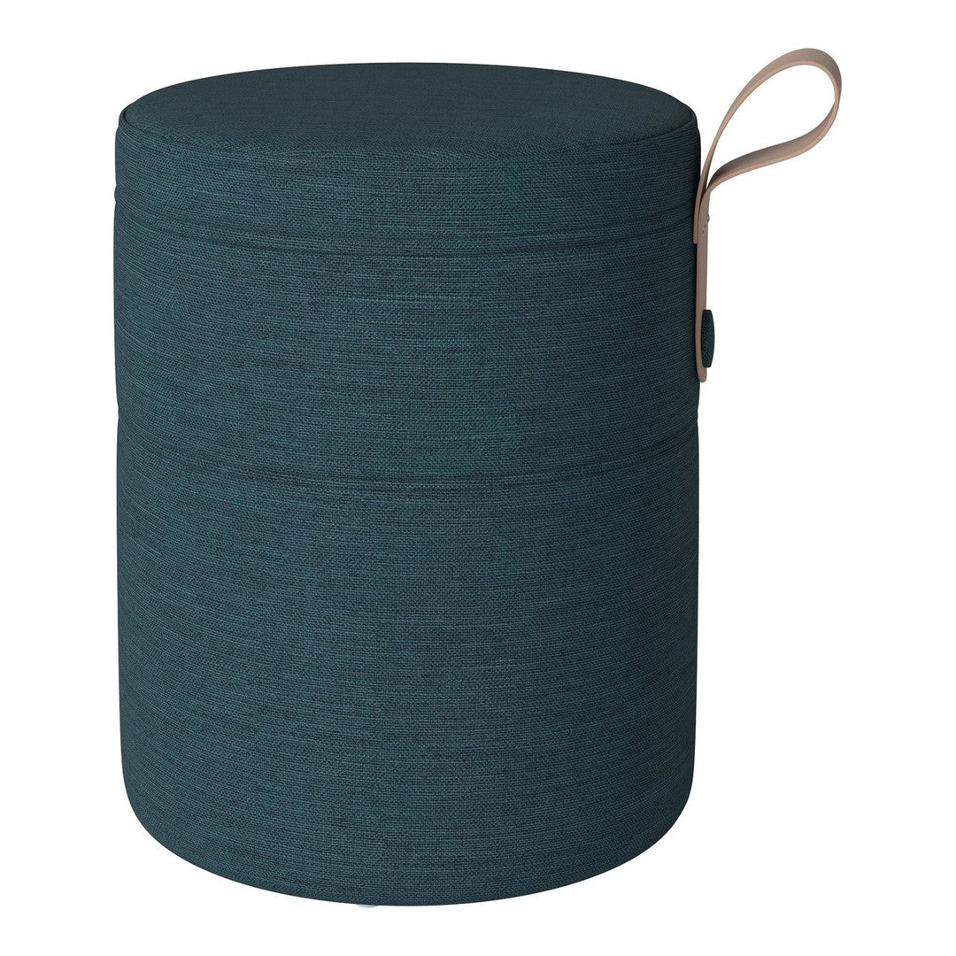 Teal round storage ottoman with textured fabric and a stylish leather handle. Perfect for modern decor.