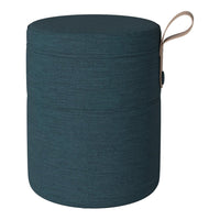 Teal round storage ottoman with textured fabric and a stylish leather handle. Perfect for modern decor.