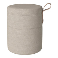 Beige textured storage ottoman with a smooth finish and a stylish fabric pattern. Ideal for modern home decor.
