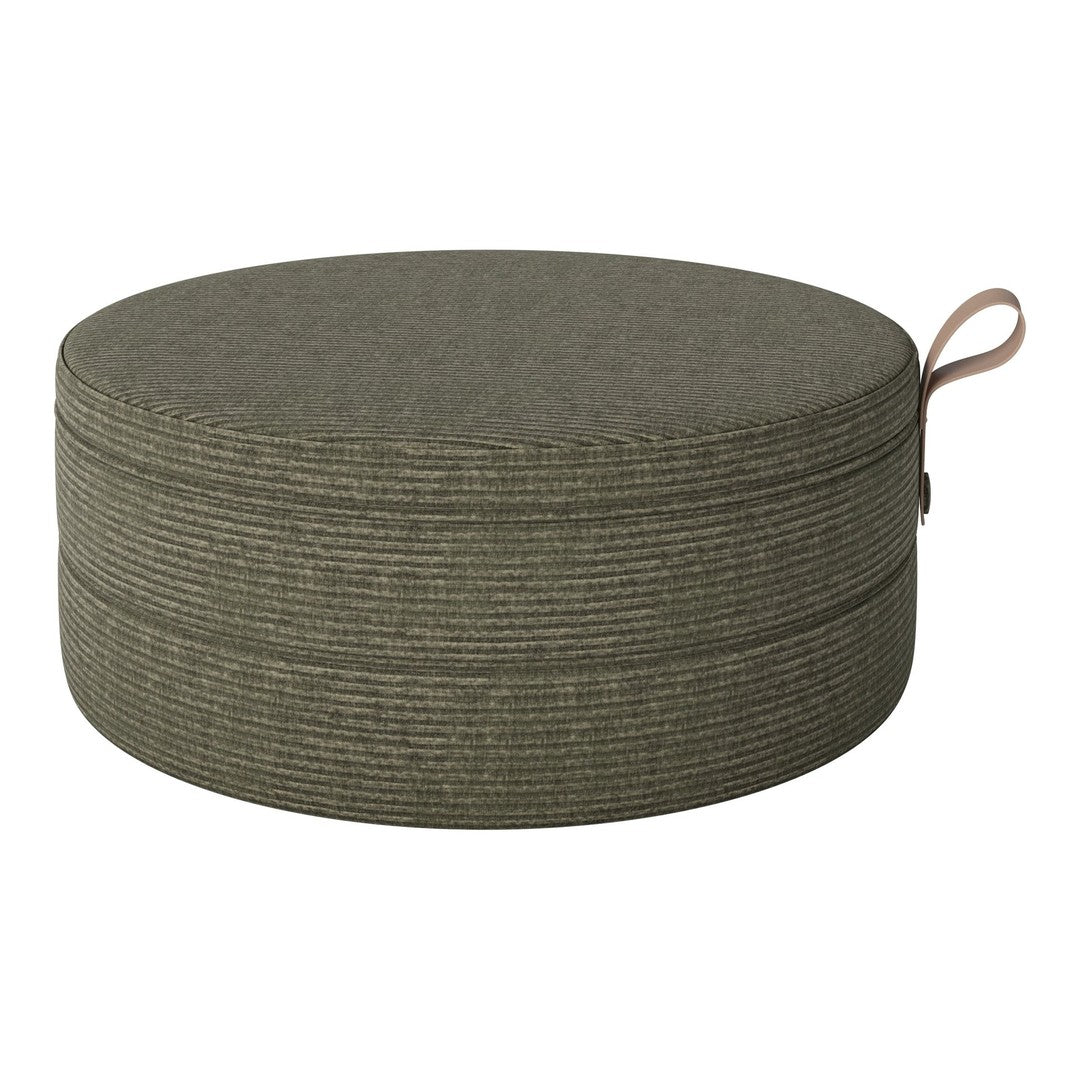 Round storage ottoman in textured olive green with a subtle striped pattern and a convenient carrying handle.
