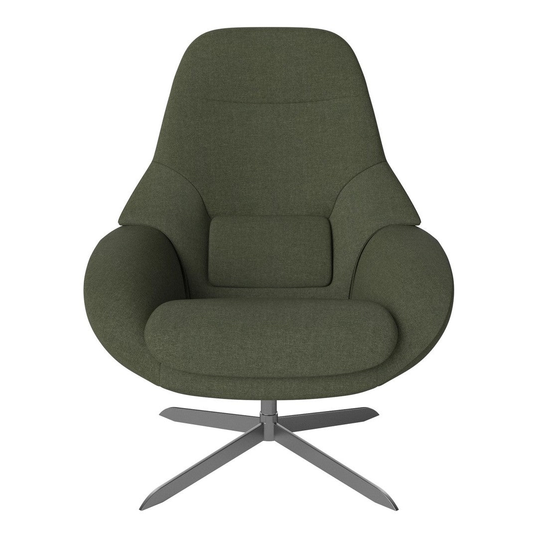 Olive green upholstered chair with a sleek, modern design and a minimalist metal base. Ideal for contemporary decor.