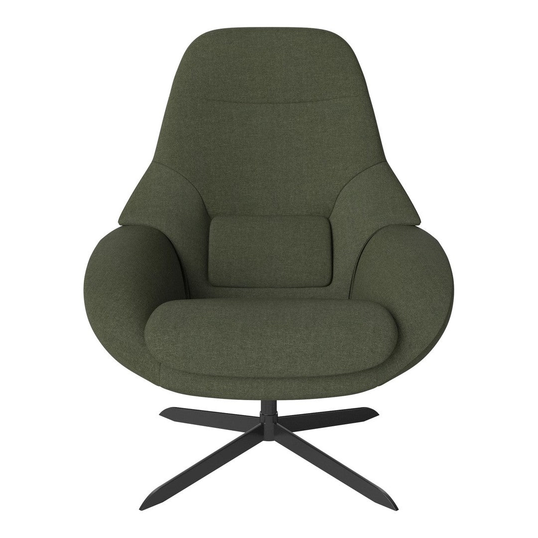 Green upholstered chair with a modern design and smooth, textured fabric against a sleek black base.