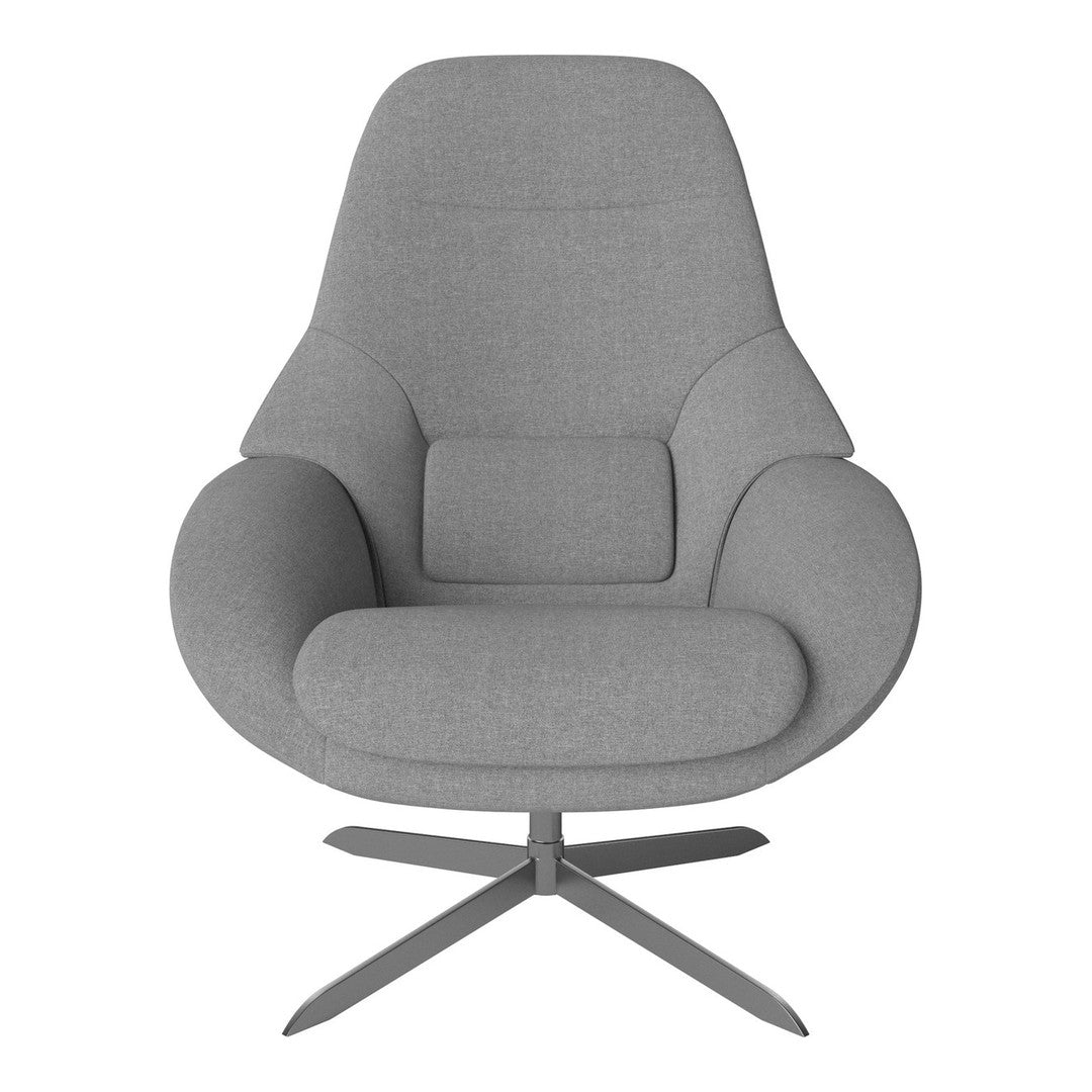 Modern gray upholstered chair with a sleek design and smooth, minimalist pattern on a metallic base.