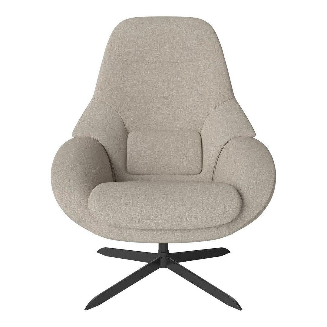 Light beige modern chair with smooth curves and a minimalist design on a sleek black metal base.