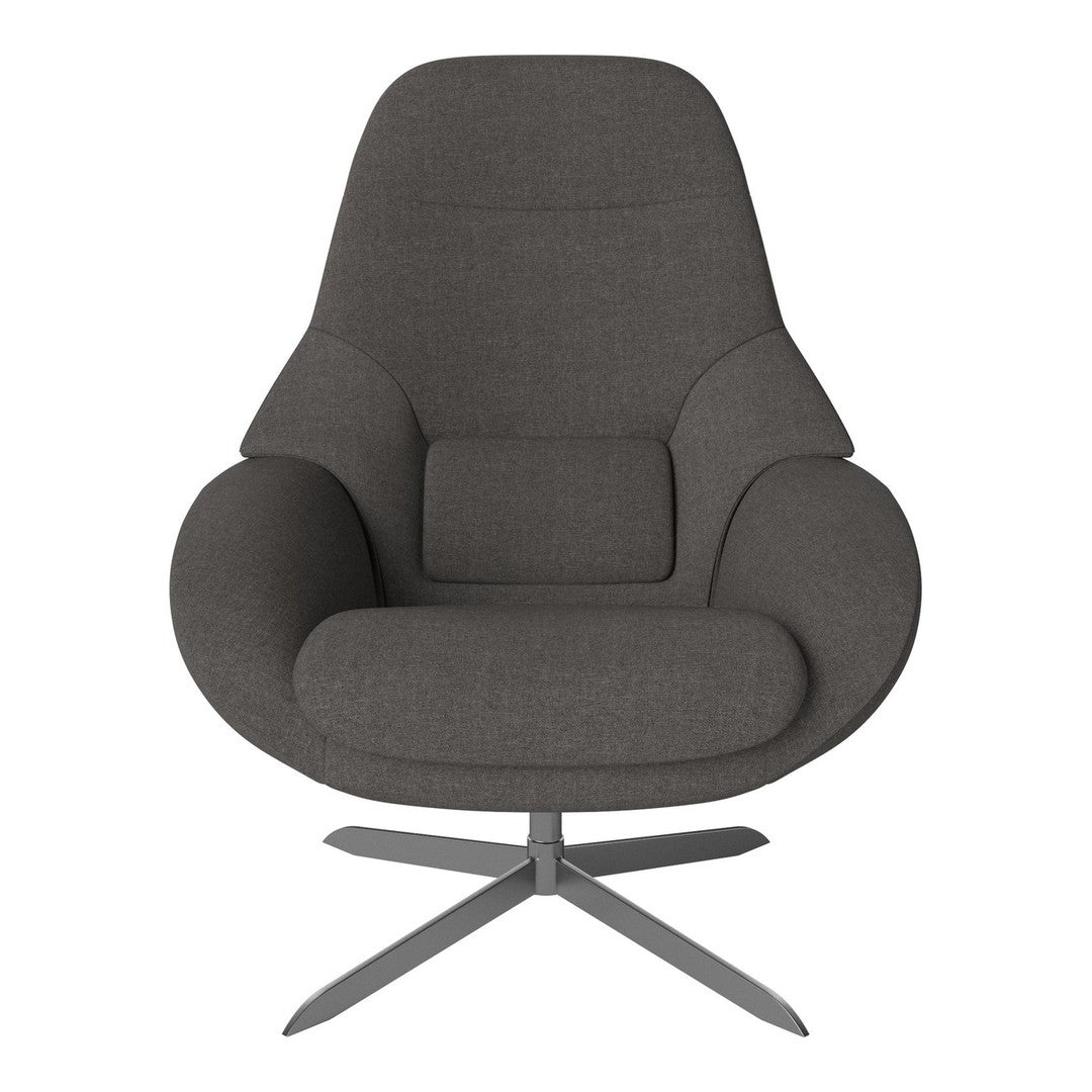 Stylish gray fabric chair with smooth curves and subtle texture, featuring a modern silver base. Perfect for contemporary decor.